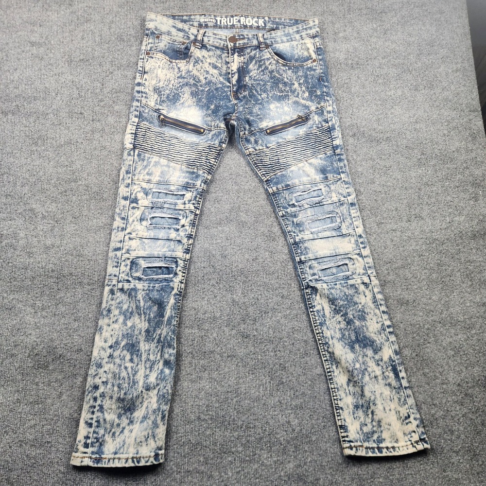 True Rock Mens Acid Wash Moto Biker Jeans Blue Distressed Slim Fit 32 FRANKLIN07